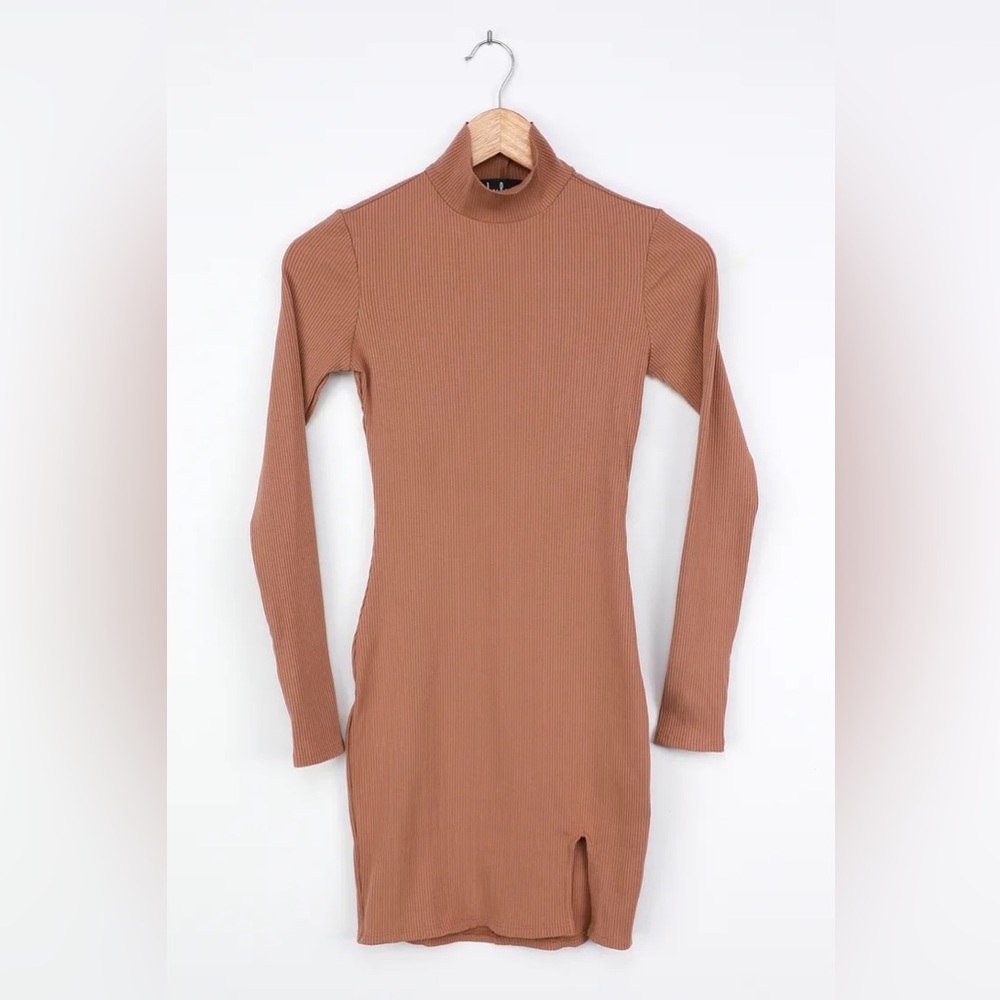 Lulu’s Tan Ribbed Mock Neck Long Sleeve Bodycon Dress